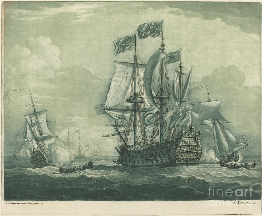 Shipping Scene With Man-of-war Drawing by Elisha Kirkall After Willem Van De Velde The Younger