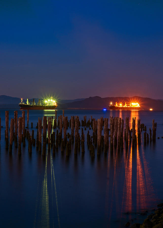 Ships and Pilings at Night Photograph by Robert Potts