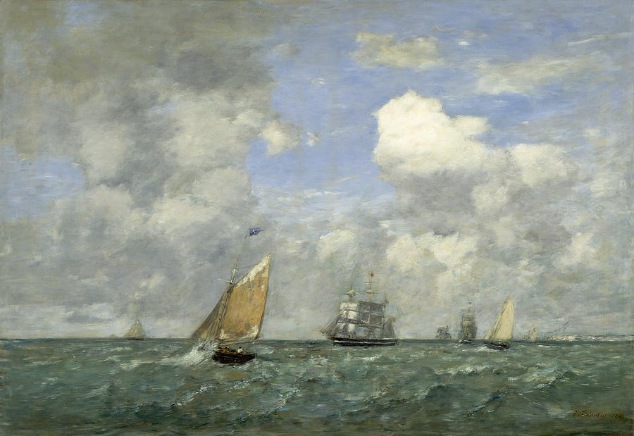Ships and Sailing Boats Leaving Le Havre Painting by Eugene Boudin