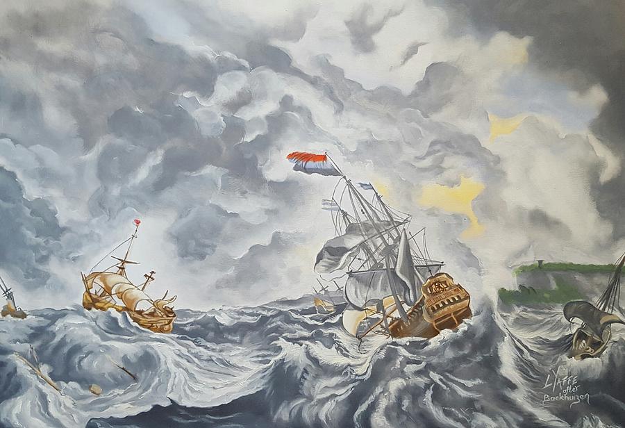 Ships in a Storm iii After Backhuizen by Loraine Yaffe,  Painting by Loraine Yaffe