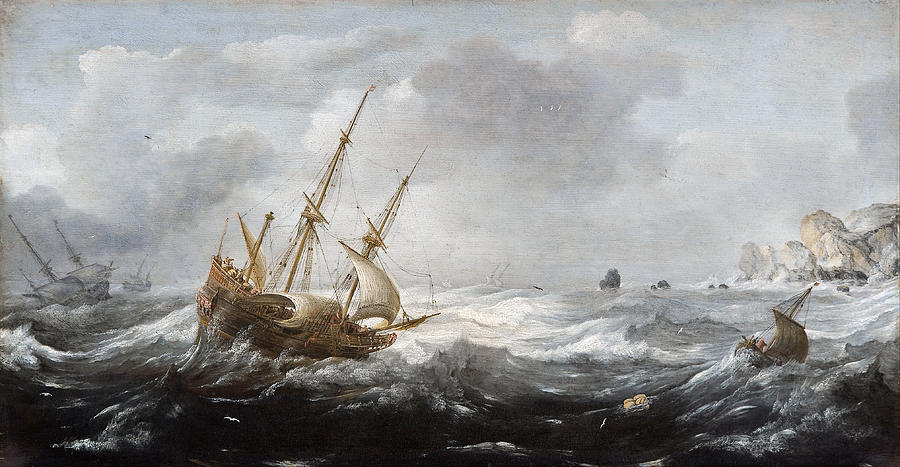 Ships in a Storm on a Rocky Coast  Painting by Jan Porcellis