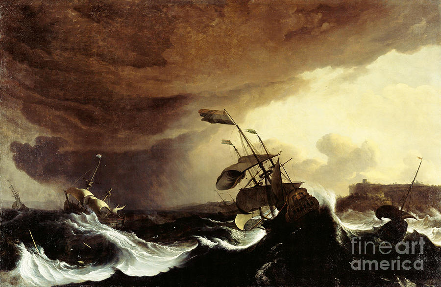 Ships in a Stormy Sea off a Coast Painting by Celestial Images