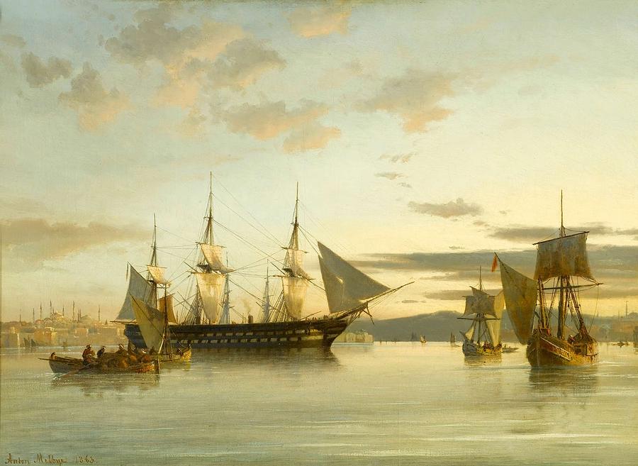 Ships in Calm Water on the Bosphorus Painting by MotionAge Designs