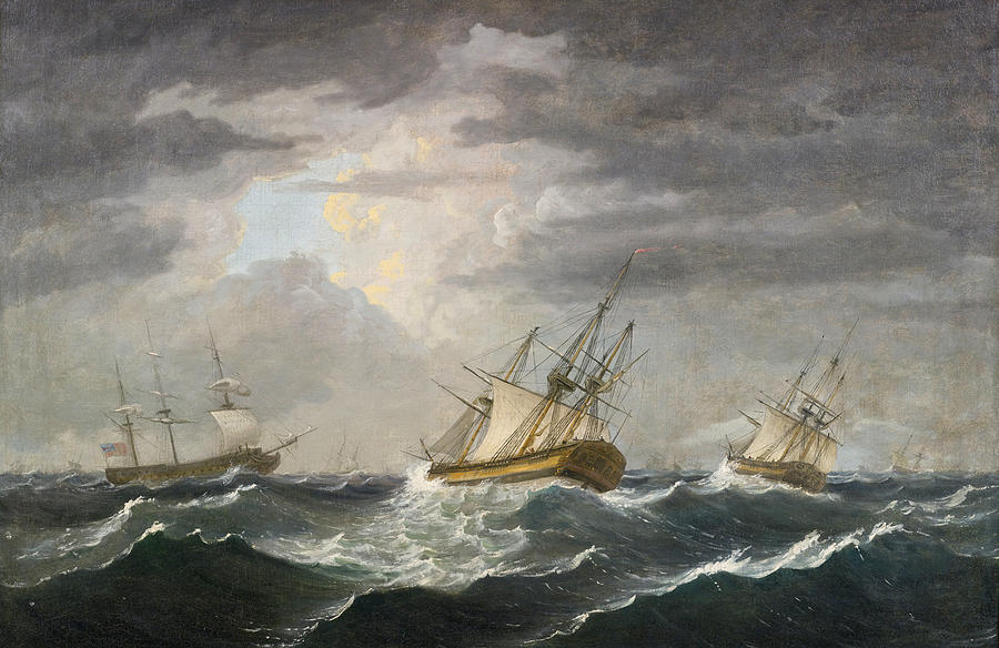 Ships in Choppy Seas Painting by Thomas Birch