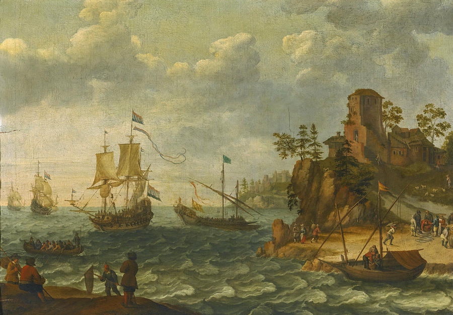 Ships moored off a Rocky Coastline with Fishermen unloading their Catch Painting by Abraham Willaerts