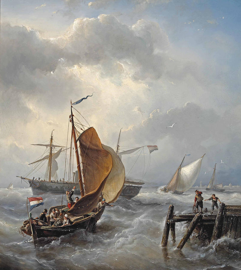 Ships near the Harbour Entrance Painting by Nicolaas Riegen