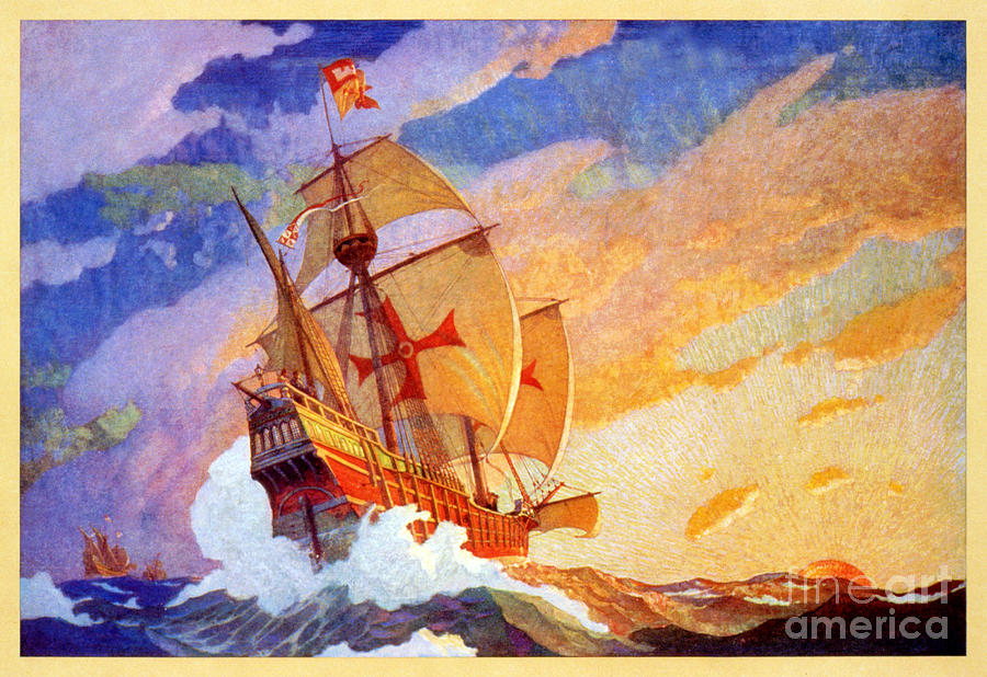 Columbus Painting - Ships of Christopher Columbus at sea Vintage by Vintage Treasure
