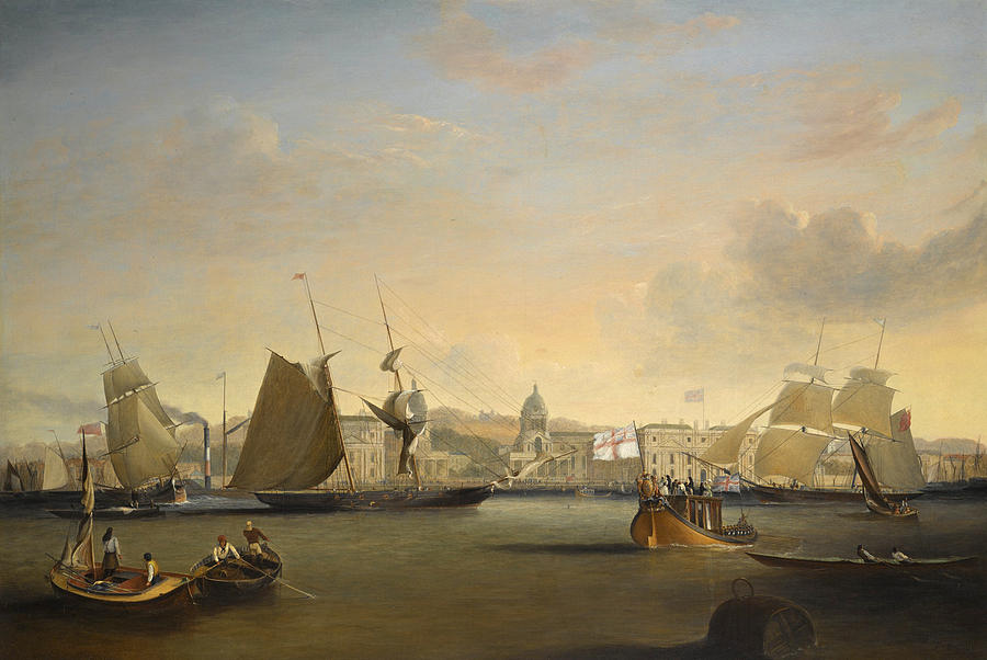 Ships sailing off Greenwich Palace Painting by John Lynn
