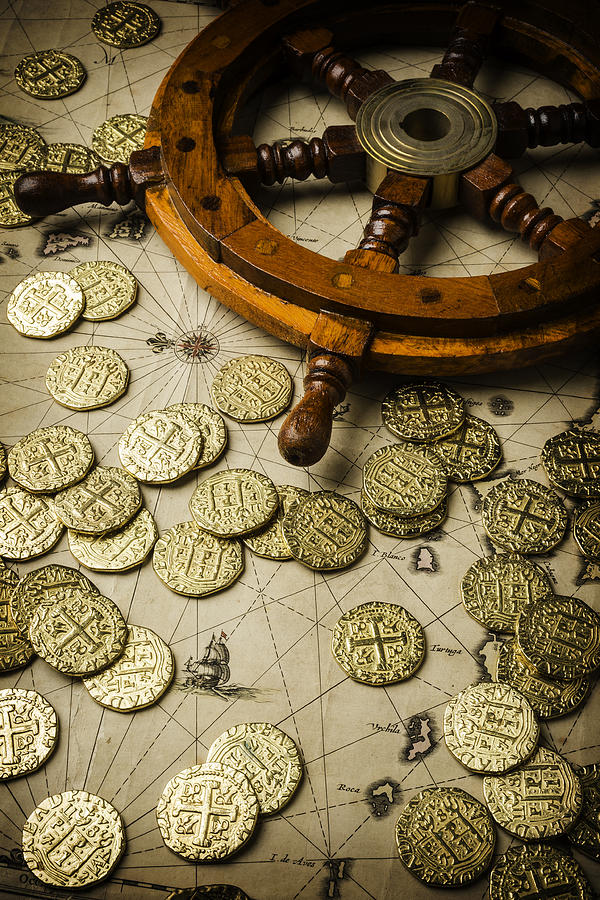 Ships Wheel And Gold Coins Photograph by Garry Gay