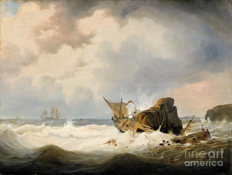 Shipwreck by a Rocky Coastline Painting by MotionAge Designs