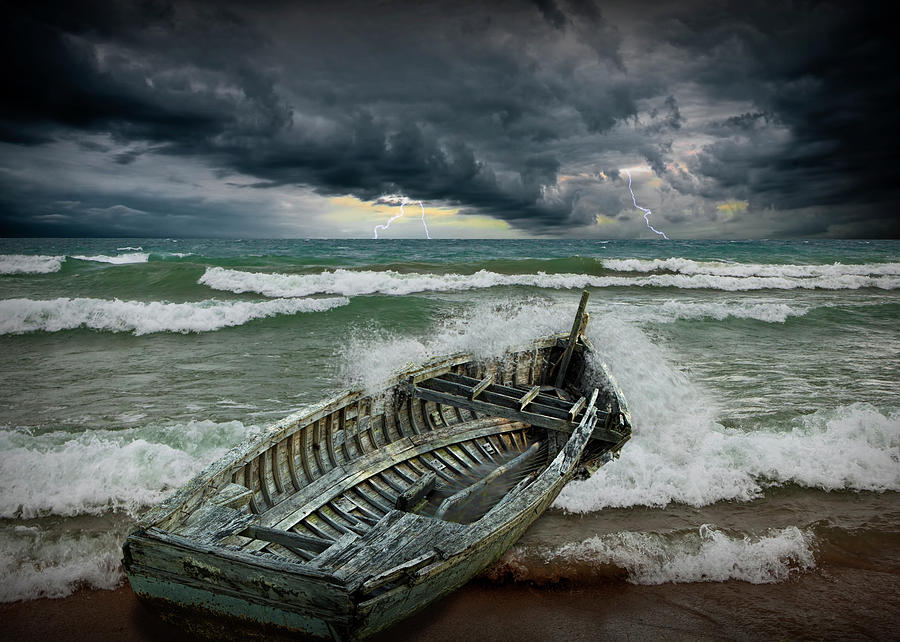 Shipwrecked Wooden Boat amidst Crashing Waves Photograph by Randall Nyhof