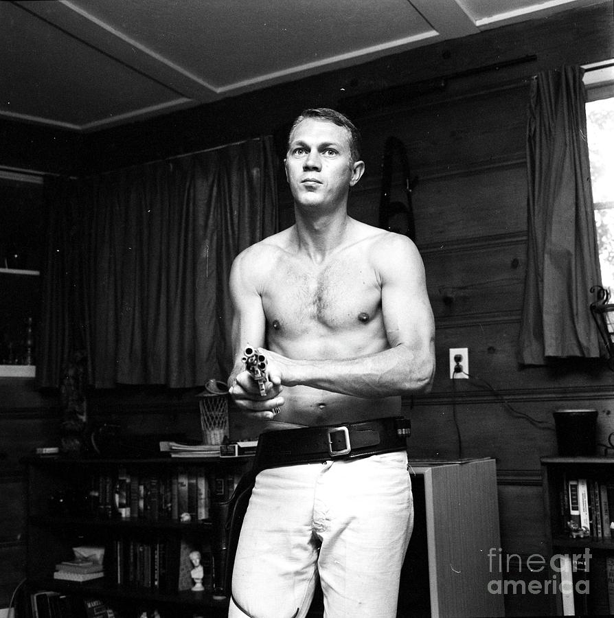 Shirtless Steve Mcqueen Holding Gun Fine Art Print Photograph By Larry ...