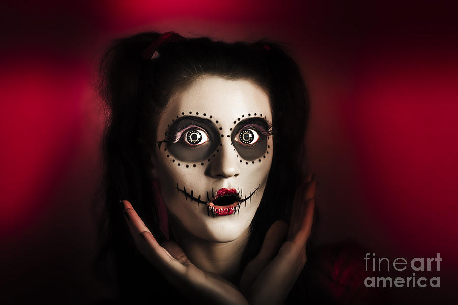 Halloween Photograph - Shocked day of the dead voodoo doll on red by Jorgo Photography