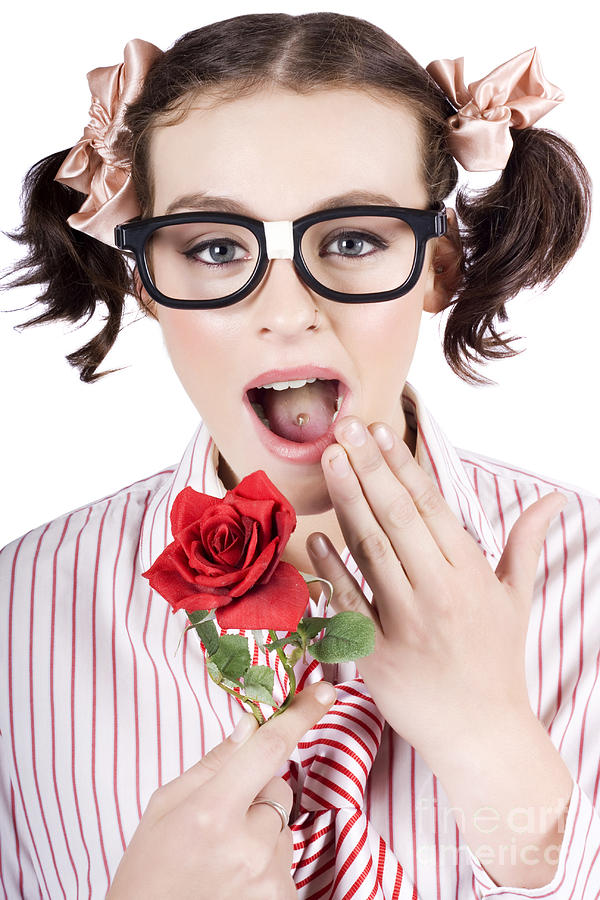 Shocked Romantic Nerdy Girl Holding Red Rose Photograph By Jorgo Photography Wall Art Gallery