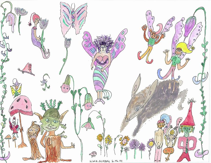 Butterfly Painting - Shoe Tree Rabbit and Fairies by Helen Holden-Gladsky