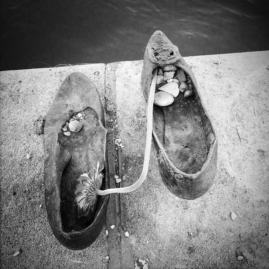 Black And White Photograph - Shoes memorial Budapest black and white by Matthias Hauser