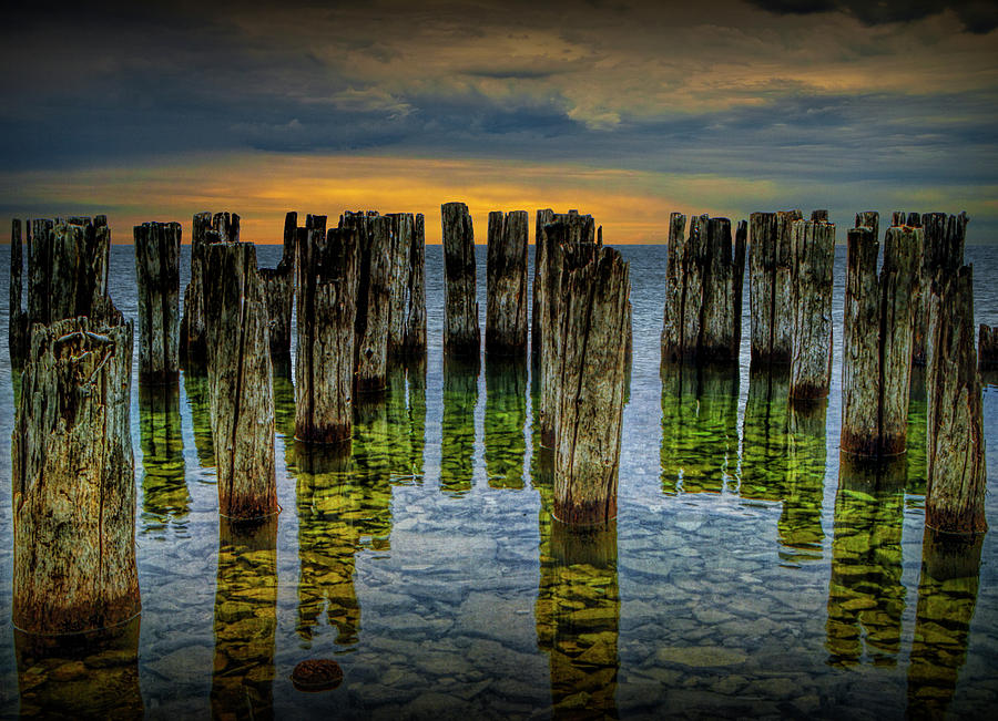 Shore Pilings at Sunset by Fayette State Park Photograph by Randall Nyhof
