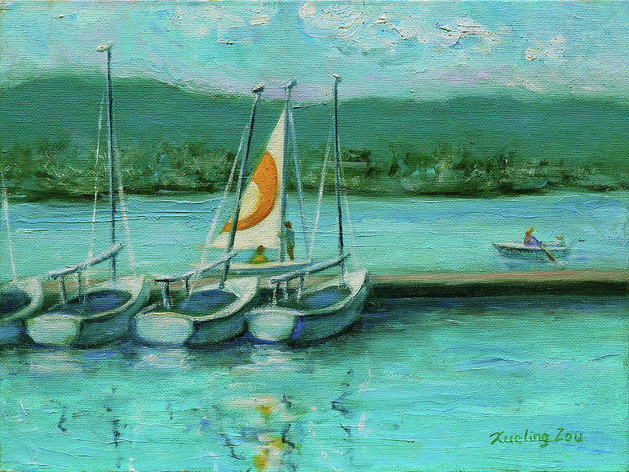 Shoreline Lake Boathouse Mountain View California Landscape 16 Painting by Xueling Zou