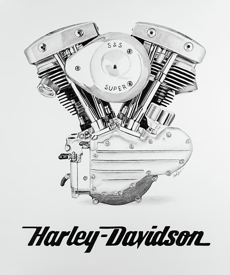 Shovelhead Harley  Engine And Logo  Drawing  by Ursa Davis