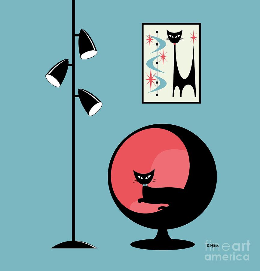 Shower Curtain Mini Atomic Cat on Blue Digital Art by Donna Mibus