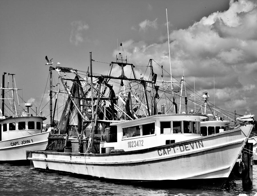 Shrimp Boats Monocrome Photograph by Tony Grider