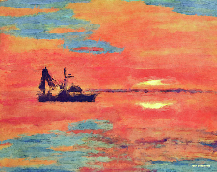 Shrimp Boat Sunset Mixed Media by Ken Figurski