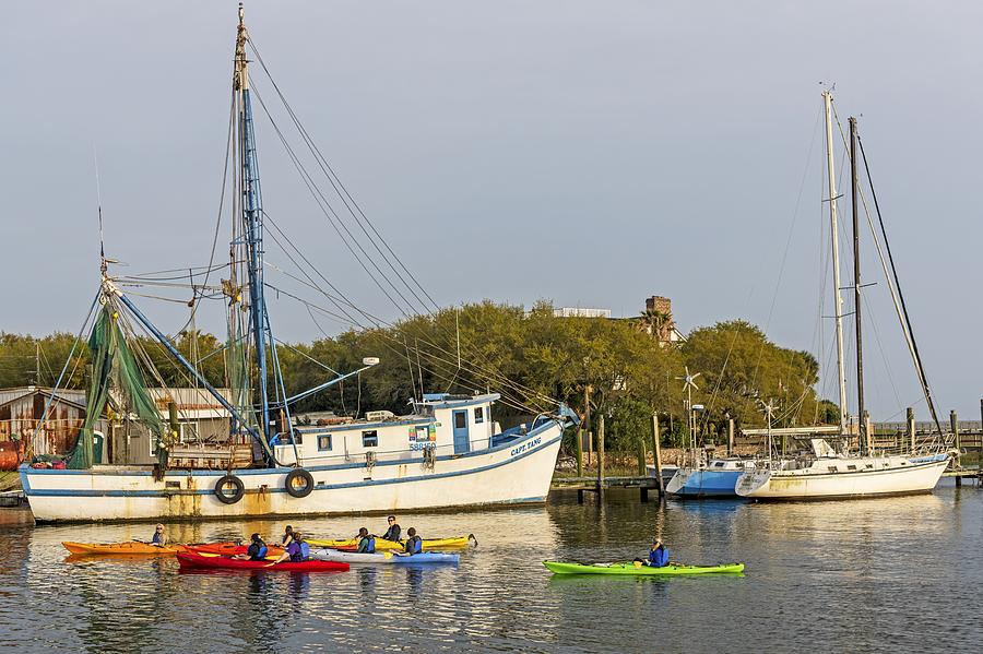 Shrimp Boats and Colorful Canoes At Shem Creek Charleston SC Photograph by Willie Harper