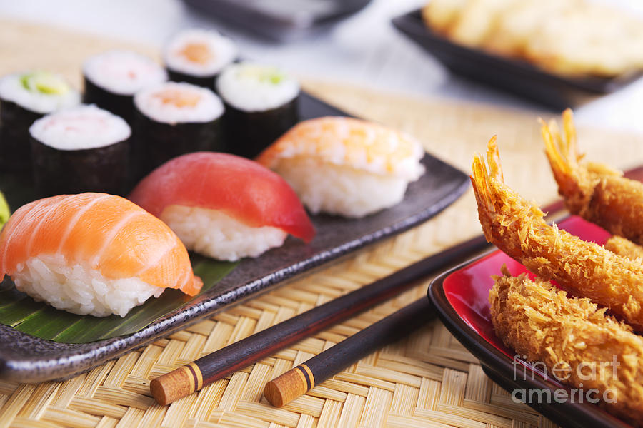 Salmon Photograph - Shrimp tempura and various Japanese sushi on a plate by Sara Winter