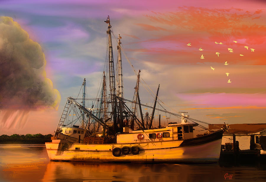 Shrimpers at Dock Digital Art by J Griff Griffin