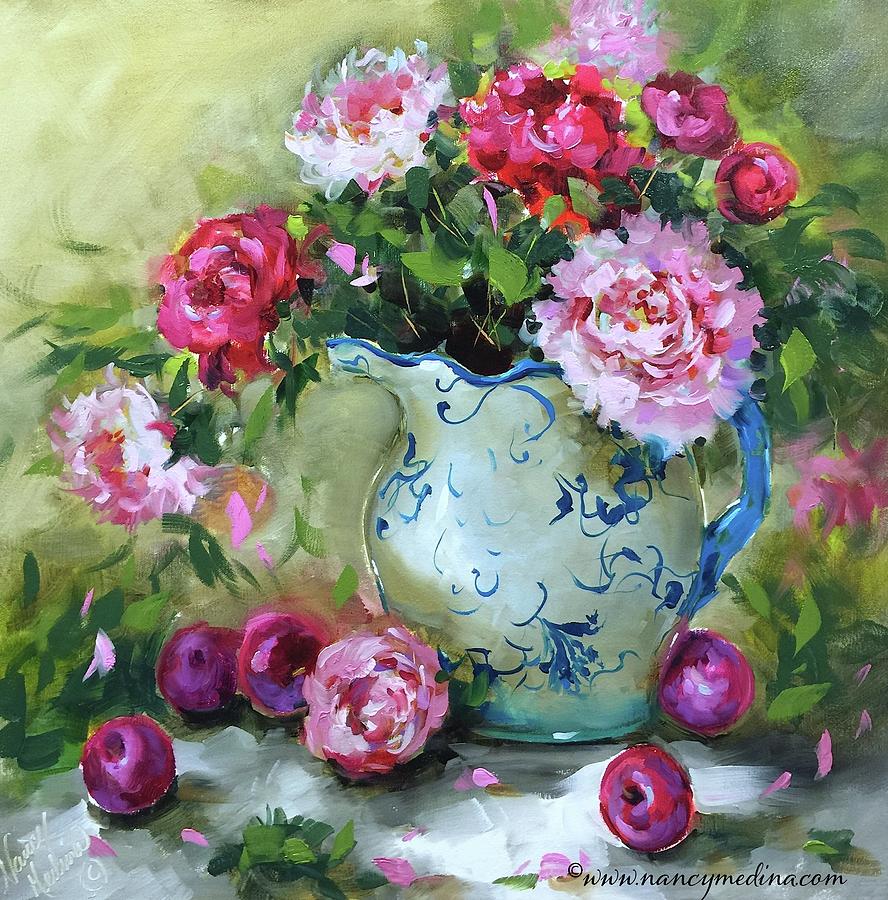 Shy Plums and Pink Peonies Painting by Nancy Medina