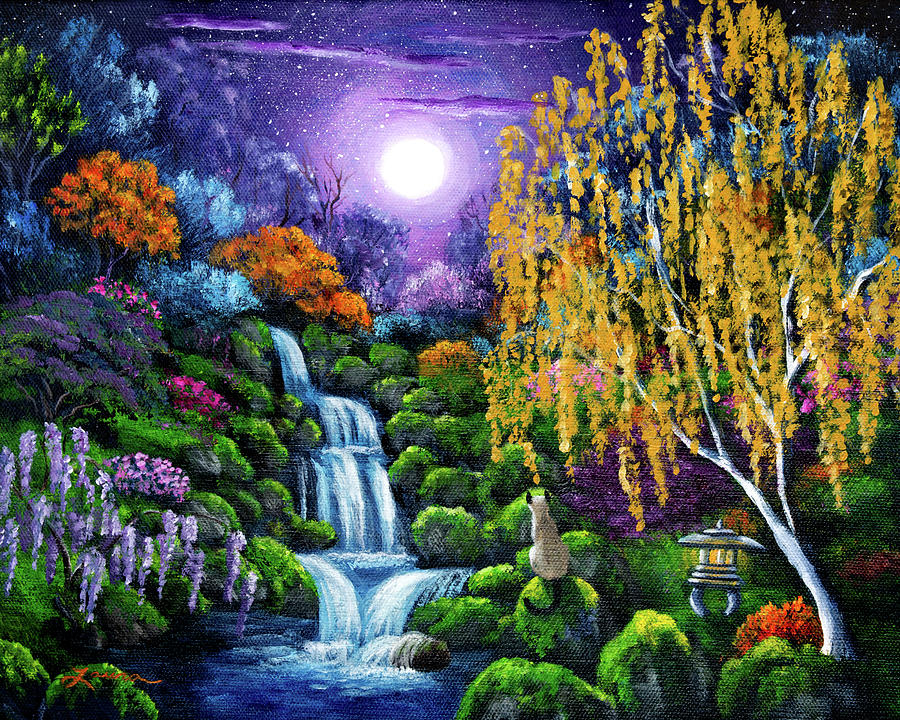 Siamese Cat By A Cascading Waterfall Painting