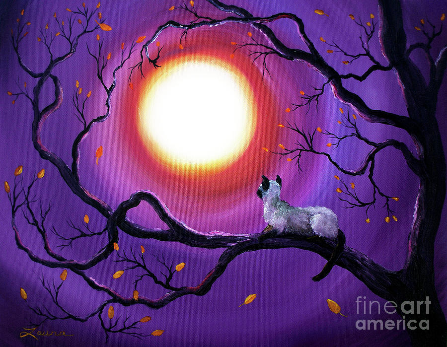 Abstract Painting - Siamese Cat in Purple Moonlight by Laura Iverson