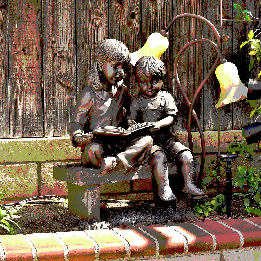 Siblings Reading Statue Artistic Digital Art by Linda Brody