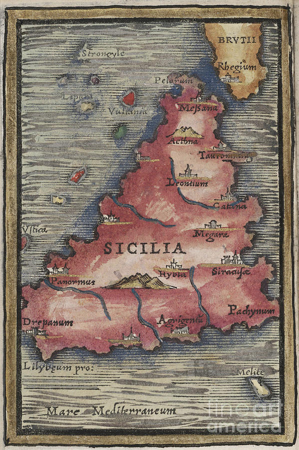 Sicilia Sicily map by Johannes Honter 1542 Photograph by Rick Bures