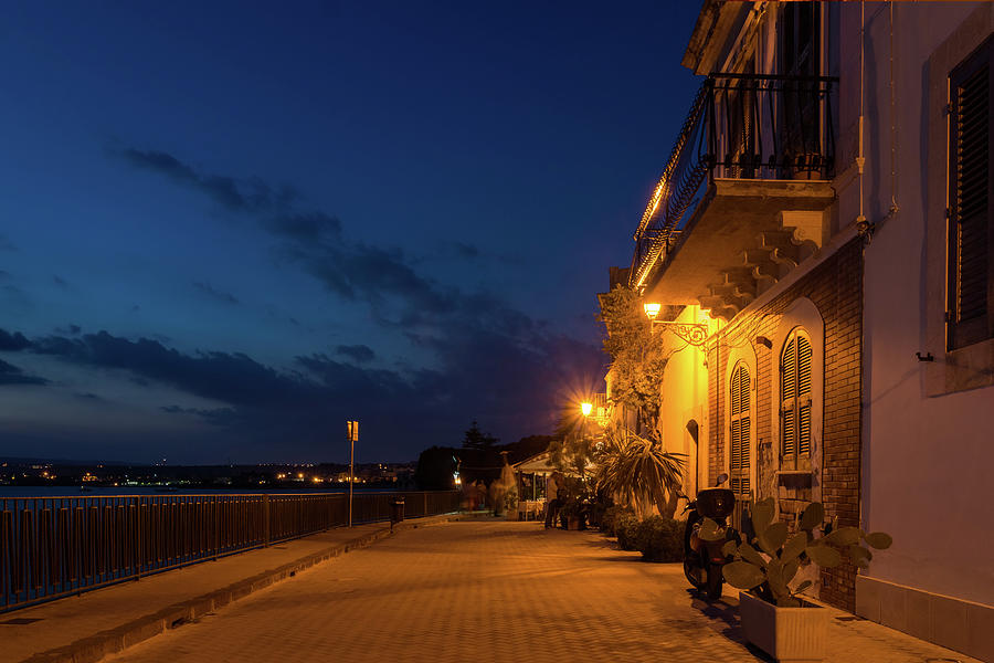 Lamp Photograph - Sicilian Blue Hour at Syracuse Seaside Promenade by Georgia Mizuleva