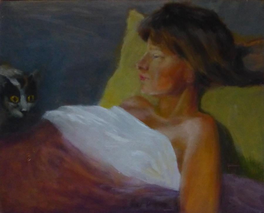 Girl Painting - Sick Girl And Her Cat by Irena Jablonski Girl Painting - Sick Girl And Her Cat by Irena Jablonski