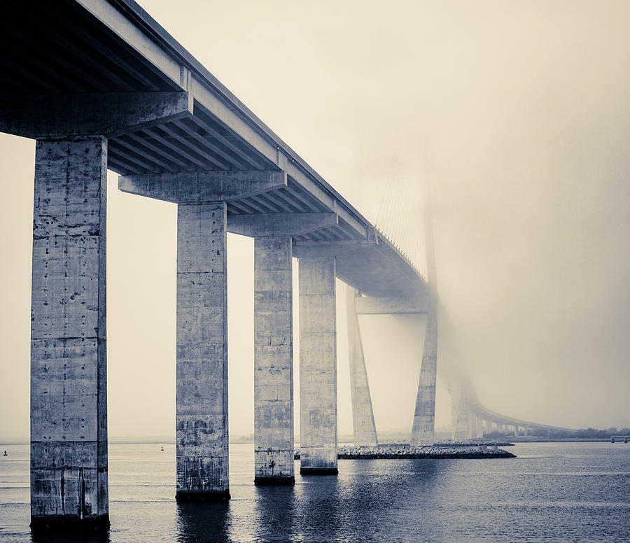 Sidney Lanier Bridge under Fog - BW Photograph by Chris Bordeleau