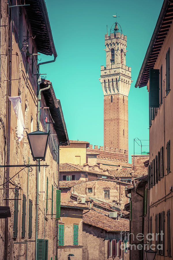 Siena, Italy. Mangia Tower, Italian Torre del Mangia. Tuscany region. Vintage Photograph by Michal Bednarek