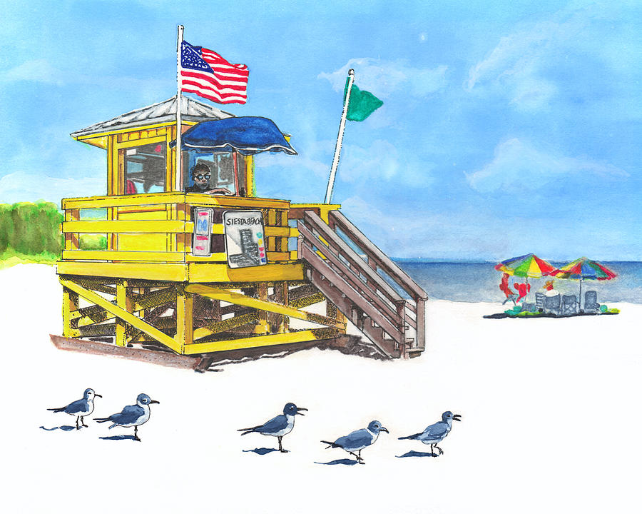 Bird Painting - Siesta Key Beach Life Guard Stand by Warren Day