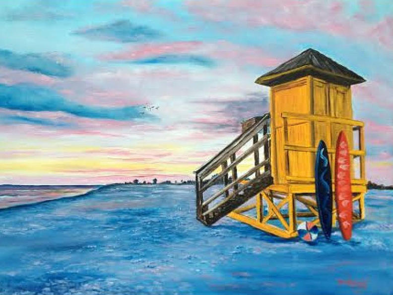 Siesta Key Life Guard Shack At Sunset Painting by Lloyd Dobson