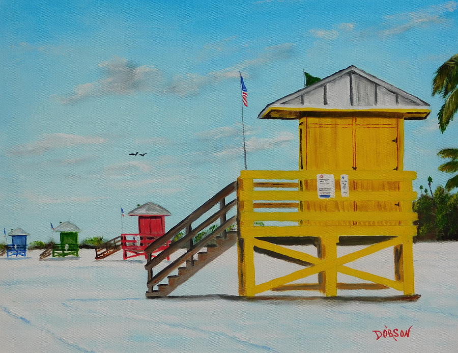 Siesta Key Lifeguard Stands Painting by Lloyd Dobson