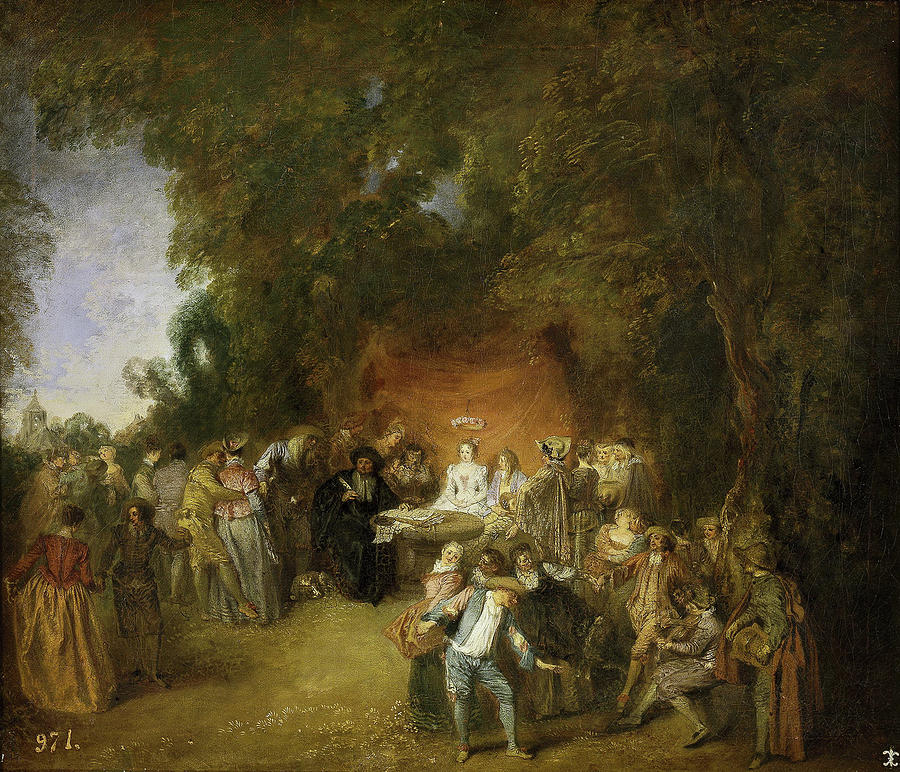 Tree Painting - Signing the Marriage Contract and a Country Dance by Jean-Antoine Watteau