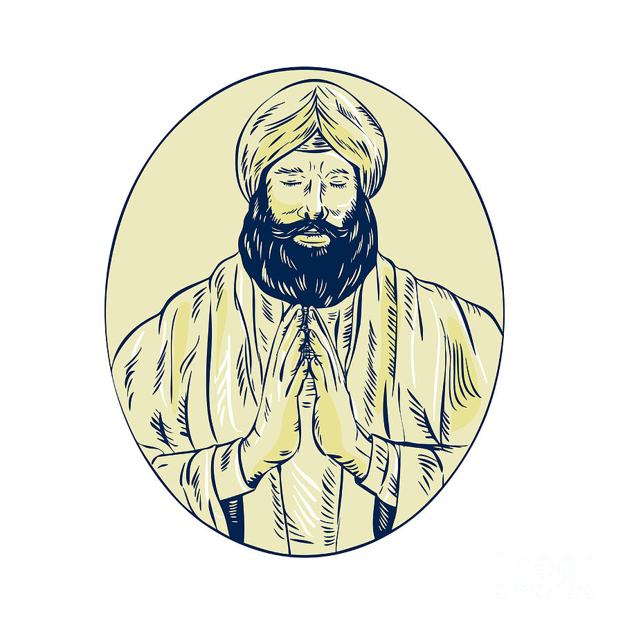 Sikh Priest Praying Front Oval Etching Digital Art by Aloysius ...