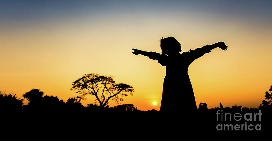 Silhouette freedom a Little girl at sunset Photograph by Sasin