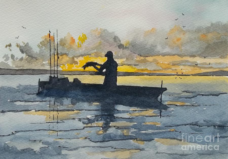 Silhouette Kayak Fishing by Don n Leonora Hand
