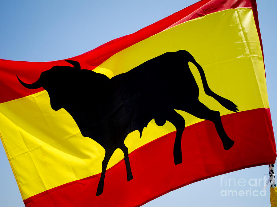 Flag Photograph - Silhouette of Bull on Spanish Flag by Andy Smy