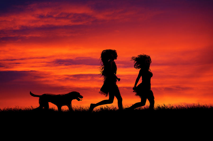 Dog Photograph - Silhouette of two girls and dog by Maggie Mccall