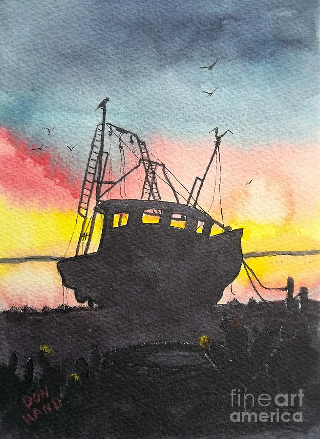 Bird Painting - Grounded Shrimp Boat by Don n Leonora Hand