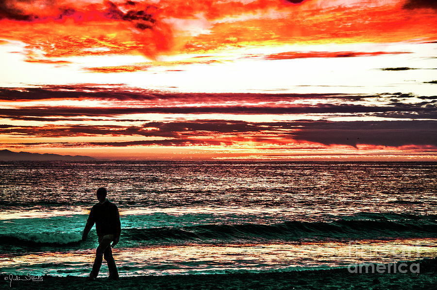 Silhouetted Man Walks Malibu Beach Photograph