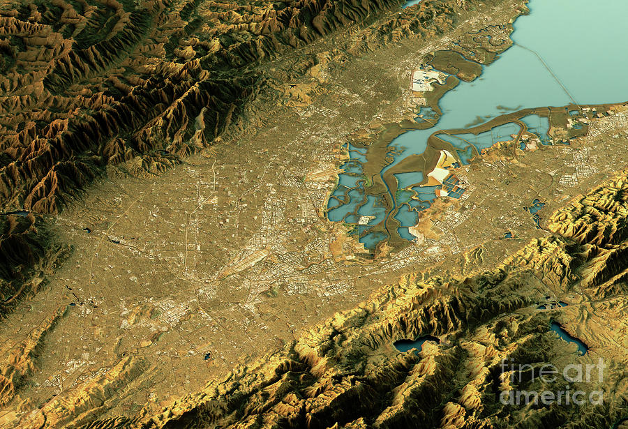 San Jose Digital Art - Silicon Valley 3D Landscape View East-West Natural Color by Frank Ramspott